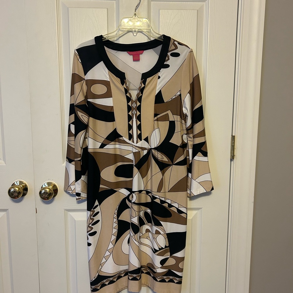 Sunny Leigh Abstract Print Long Sleeve Dress - Black, Brown, Cream